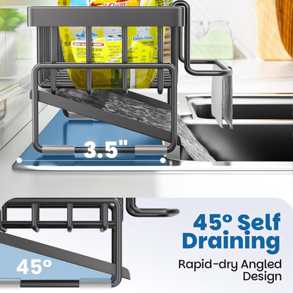 Kitchen Sink Caddy Organizer with Rag Holder,Self-Draining Sponge Holder for Countertop Soap Dispenser Organizers and Storage Essentials,Kitchen Decor and Accessories