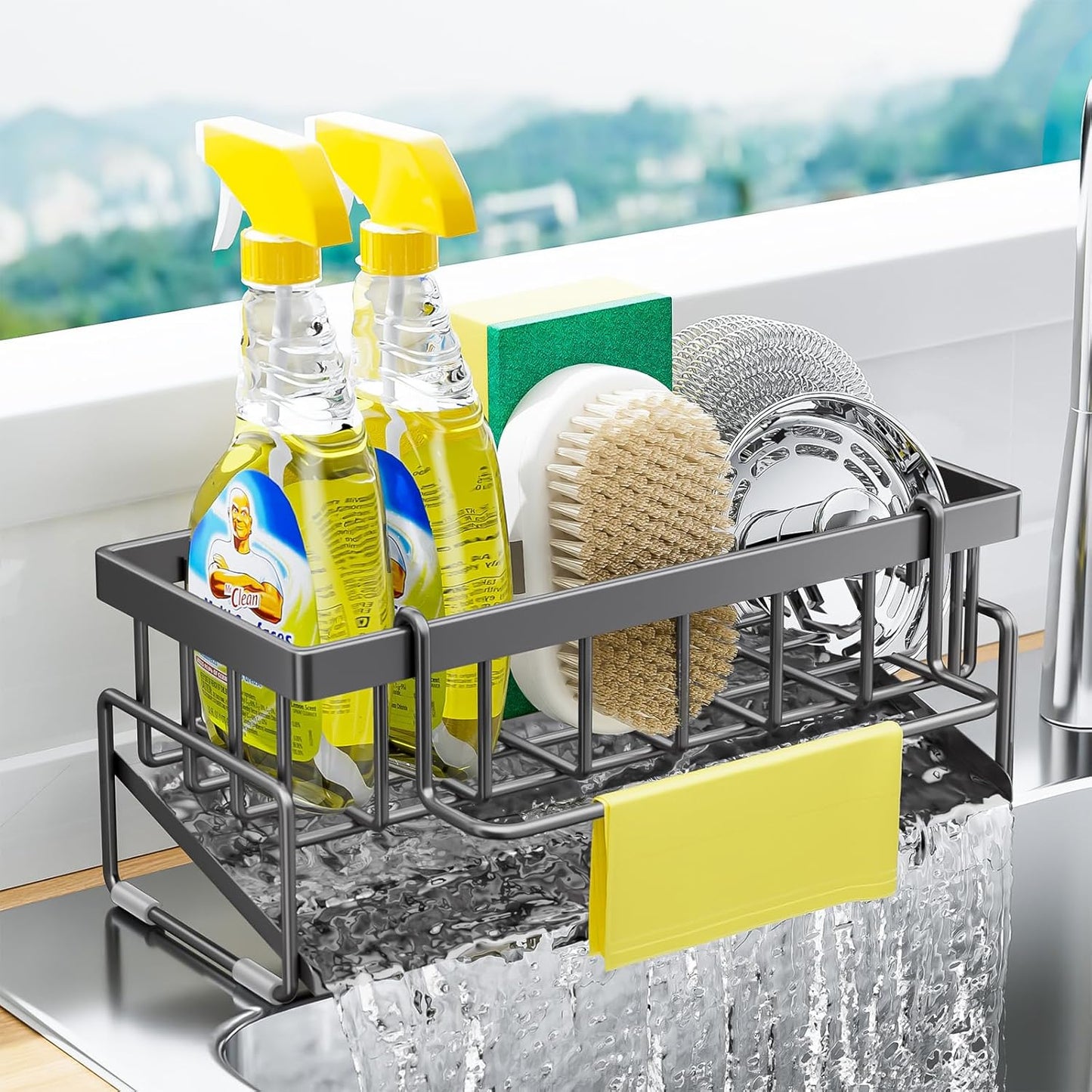 Kitchen Sink Caddy Organizer with Rag Holder,Self-Draining Sponge Holder for Countertop Soap Dispenser Organizers and Storage Essentials,Kitchen Decor and Accessories