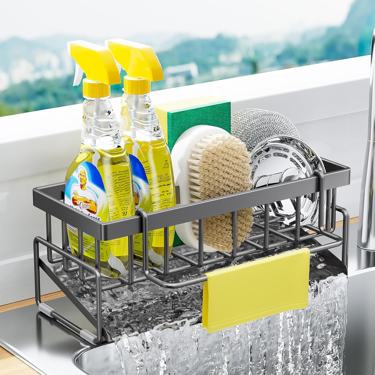 Kitchen Sink Caddy Organizer with Rag Holder,Self-Draining Sponge Holder for Countertop Soap Dispenser Organizers and Storage Essentials,Kitchen Decor and Accessories