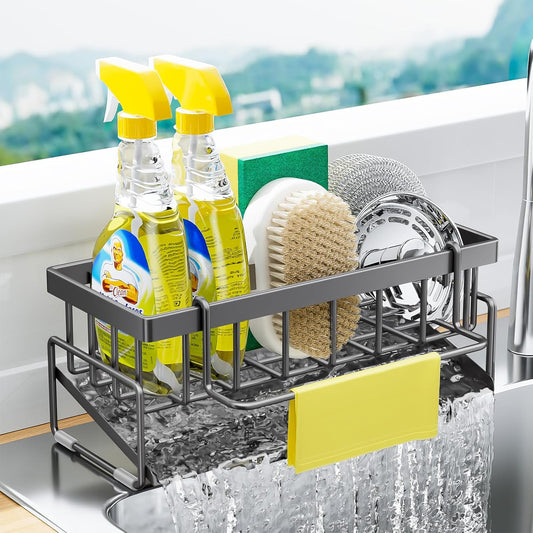 Kitchen Sink Caddy Organizer with Rag Holder,Self-Draining Sponge Holder for Countertop Soap Dispenser Organizers and Storage Essentials,Kitchen Decor and Accessories
