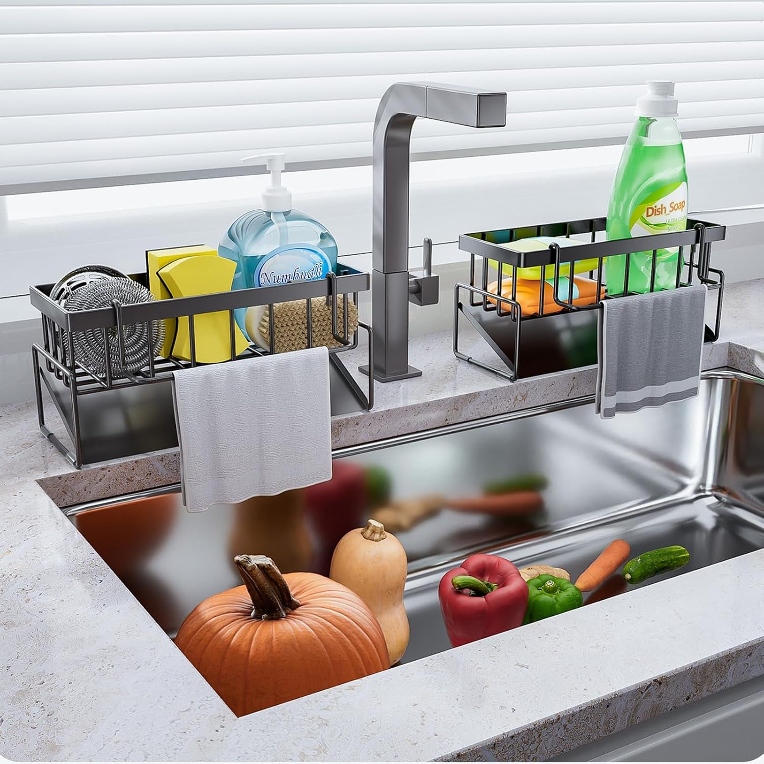 Kitchen Sink Caddy Organizer with Rag Holder,Self-Draining Sponge Holder for Countertop Soap Dispenser Organizers and Storage Essentials,Kitchen Decor and Accessories