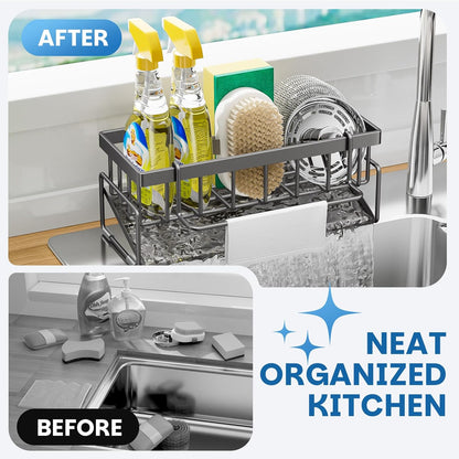 Kitchen Sink Caddy Organizer with Rag Holder,Self-Draining Sponge Holder for Countertop Soap Dispenser Organizers and Storage Essentials,Kitchen Decor and Accessories