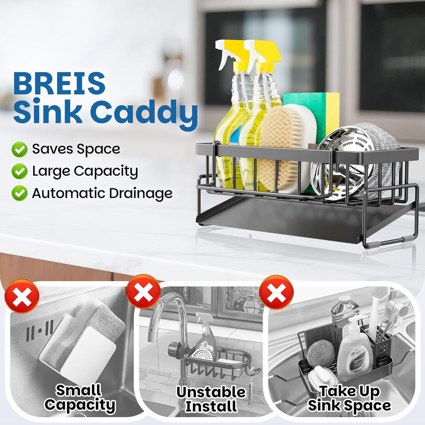 Kitchen Sink Caddy Organizer with Rag Holder,Self-Draining Sponge Holder for Countertop Soap Dispenser Organizers and Storage Essentials,Kitchen Decor and Accessories