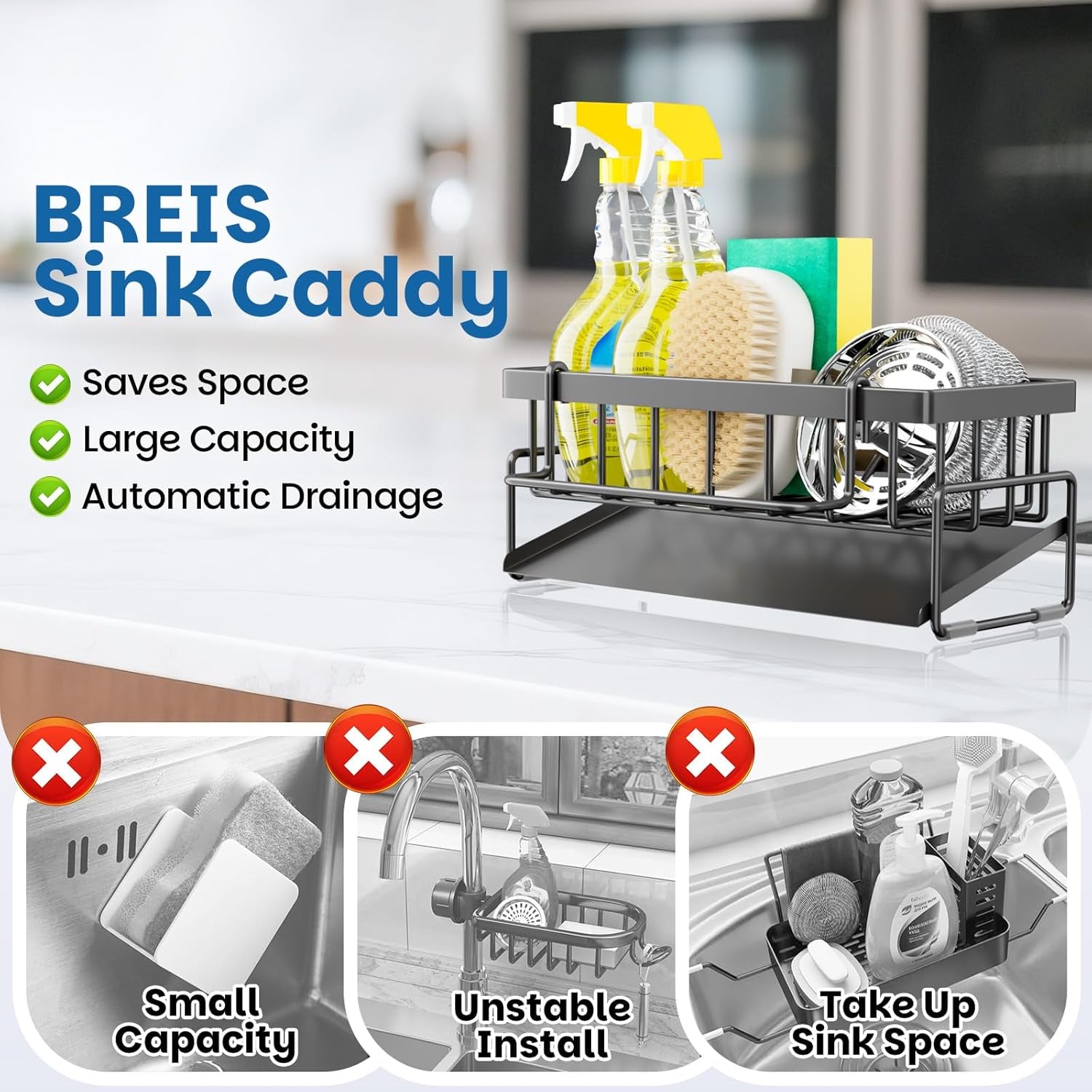 Kitchen Sink Caddy Organizer with Rag Holder,Self-Draining Sponge Holder for Countertop Soap Dispenser Organizers and Storage Essentials,Kitchen Decor and Accessories