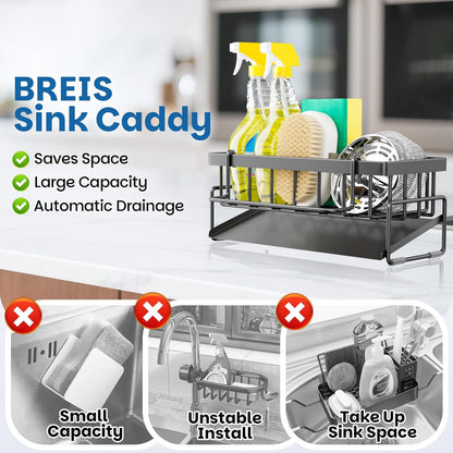 Kitchen Sink Caddy Organizer with Rag Holder,Self-Draining Sponge Holder for Countertop Soap Dispenser Organizers and Storage Essentials,Kitchen Decor and Accessories